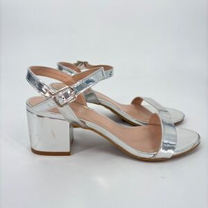 Silver‎ Ankle Strap Block Heel Sandals Party Dress Shoes Size 7